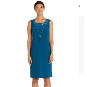 Blue Sleeveless Dress with Embellished Neckline